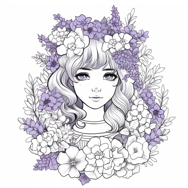 un dibujo de una chica con flores en el cabello generativo ai