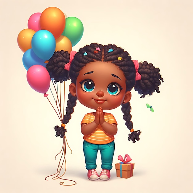 Foto un dibujo de una chica con un montón de globos y una caja de dulces