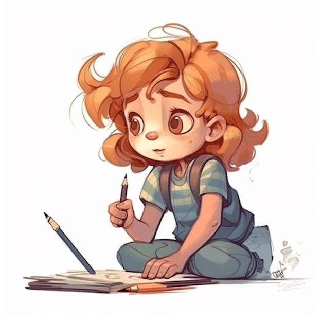 un dibujo de una chica sentada en el suelo con un lápiz generativo ai