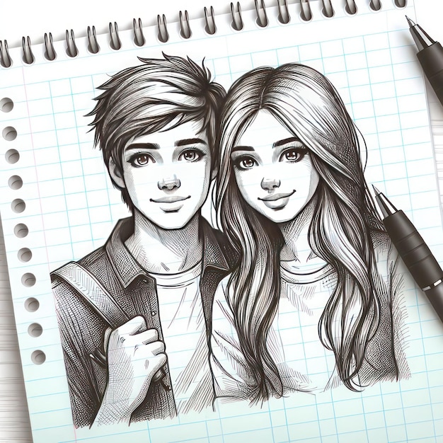 Dibujo de un chico y una chica en un cuaderno