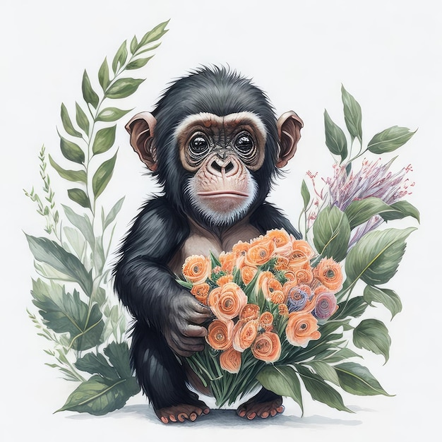 Un dibujo de un chimpancé sosteniendo un ramo de flores.