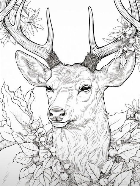 Foto un dibujo de un ciervo con cuernos y flores en él generativo ai