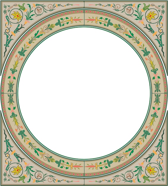 un dibujo de un círculo con un borde verde y un marco con un patrón floral