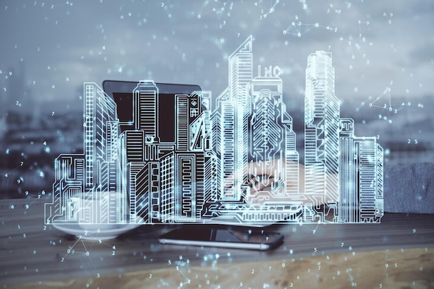 Dibujo de una ciudad de alta tecnología con un hombre de negocios trabajando en la computadora en el fondo concepto de Smartcity doble exposición