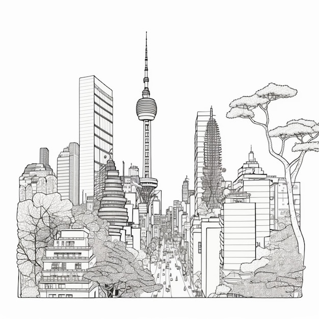 un dibujo de una ciudad con edificios altos y árboles ai generativo