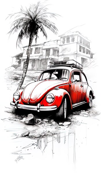 Foto un dibujo de un coche rojo con un techo rojo y un coche con un tejo rojo