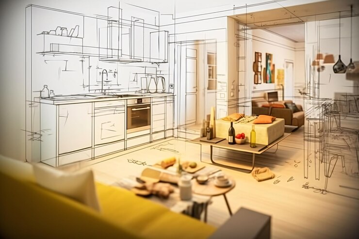 Un dibujo de una cocina con una cocina en el fondo