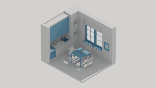 Un dibujo de una cocina con un gabinete azul y una isla de cocina azul.