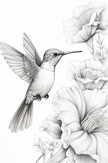 un dibujo de un colibrí con una flor en el medio