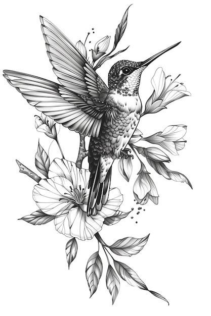 Foto un dibujo de un colibri con flores