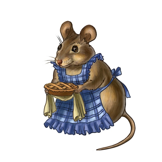 Dibujo a color de un ratón en un delantal con un pastel casero Para productos infantiles y diseño de sitios web