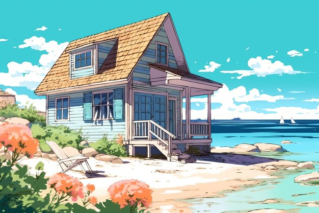 Dibujo coloreado de una cabaña de playa de verano