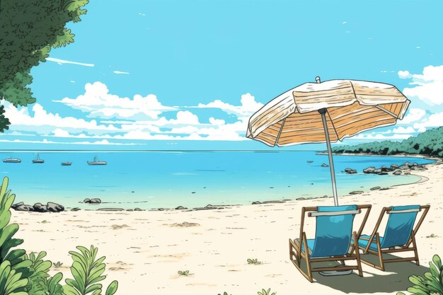 Dibujo coloreado de una playa tropical de verano