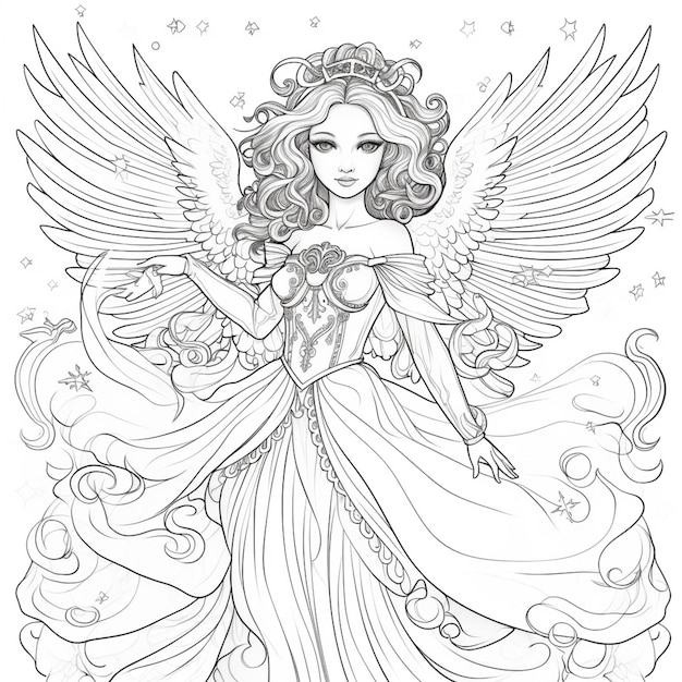 Un dibujo para colorear de un ángel con alas y un vestido generativo ai
