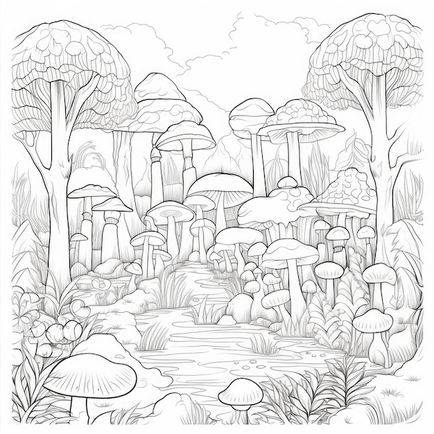 Dibujo para colorear en blanco y negro de un bosque encantado