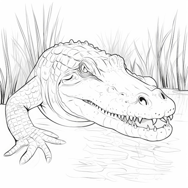 Dibujo para colorear en blanco y negro de un cocodrilo.