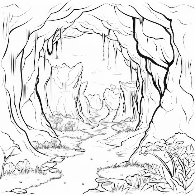 Dibujo para colorear en blanco y negro de una cueva. | Foto Premium