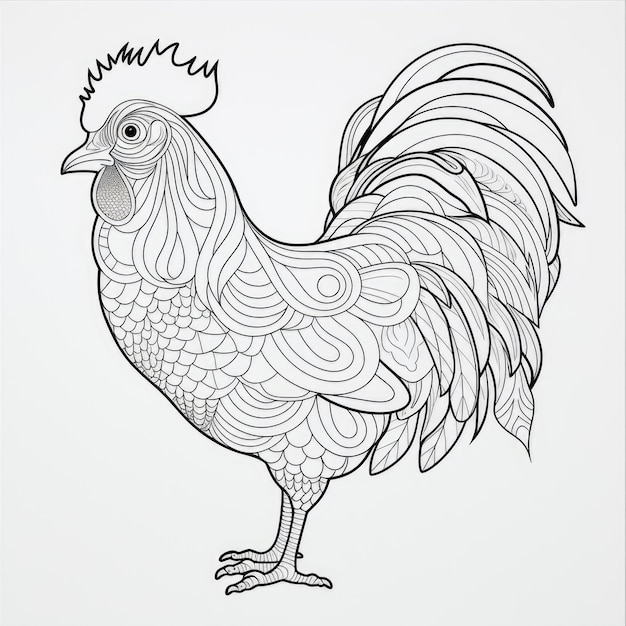 Dibujo para colorear en blanco y negro de un pollo.