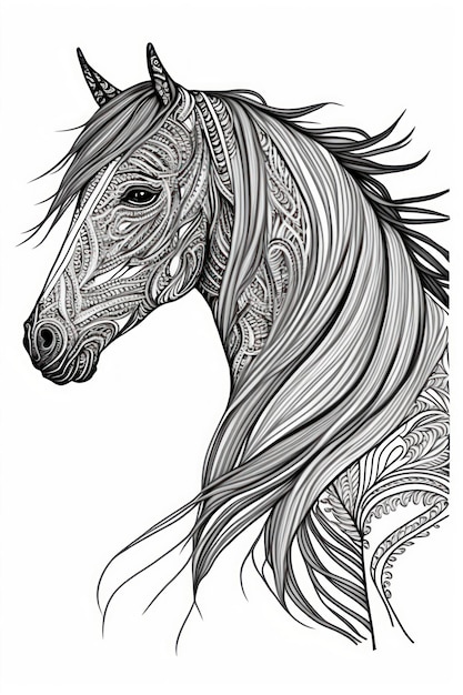 Dibujo para colorear caballo pensar líneas estilo tribal sin sombra