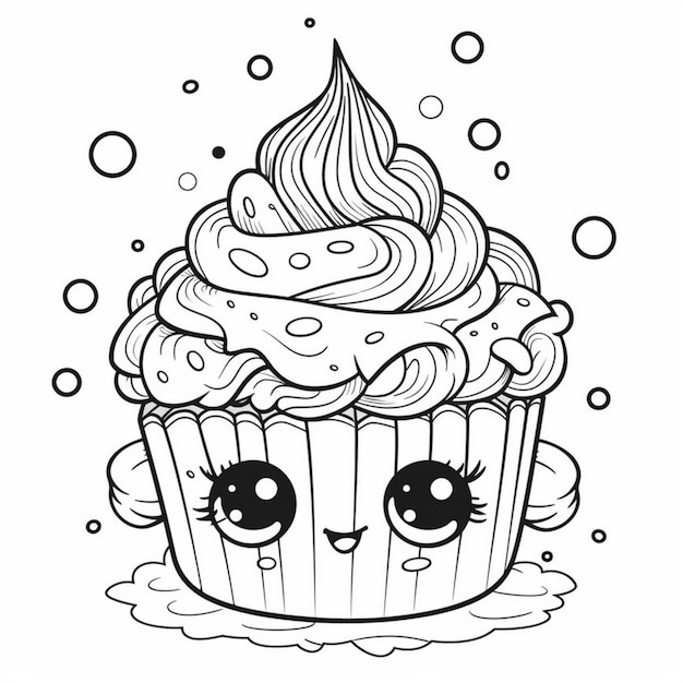 Un dibujo para colorear de un cupcake con cara y ojos ai generativo