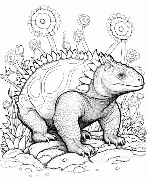 Un dibujo para colorear de un dinosaurio con flores y plantas generativo ai