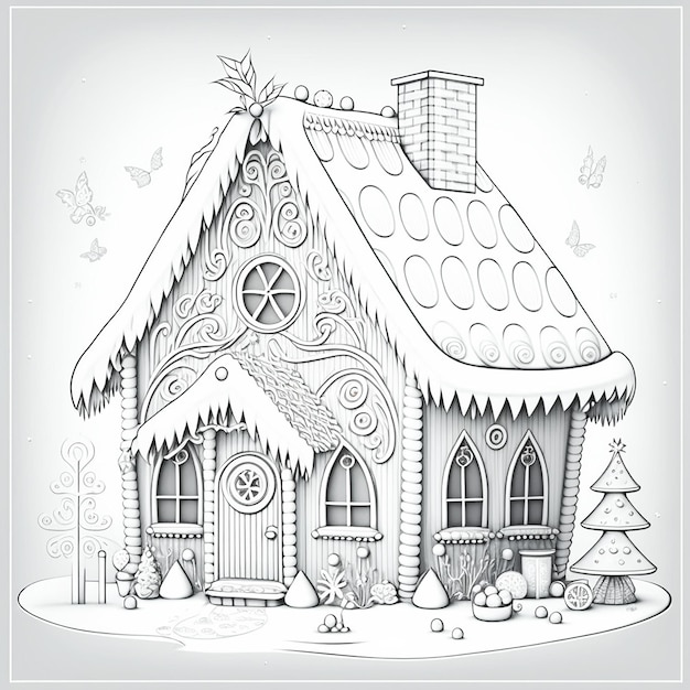 Dibujo para colorear fabulosa casa de jengibre primer plano ilustración en blanco y negro