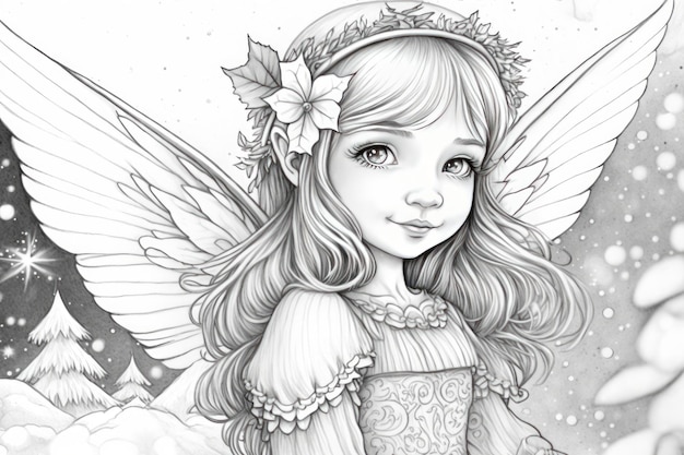 Dibujo para colorear Fairy Girl estilo invierno en escala de grises