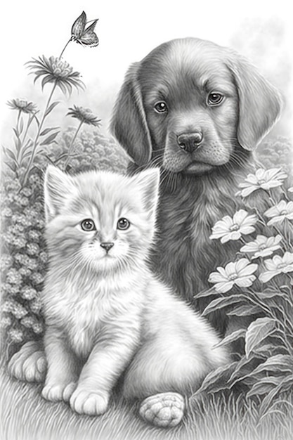 Dibujo para colorear gatito y cachorro en escala de grises