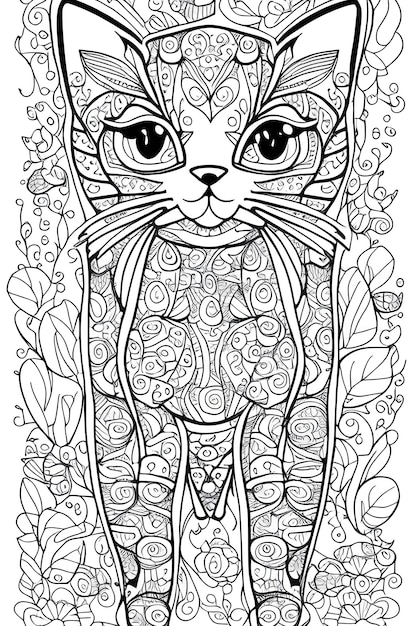 Foto dibujo para colorear de un lindo gato con elementos florales para los libros de colorear de kdp para niños