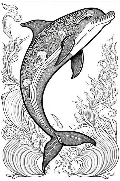 Dibujo para colorear líneas de pensamiento de delfines