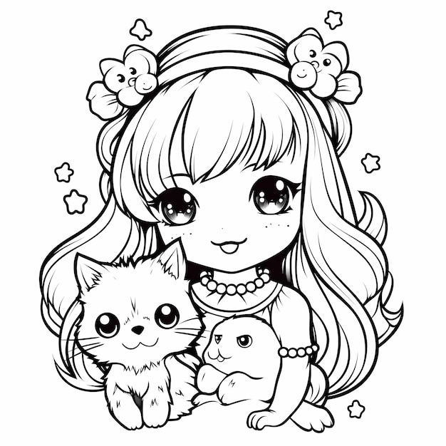 Dibujo para colorear niña con un perro, un gato y una gallina, lindo  kawaii. | Foto Premium