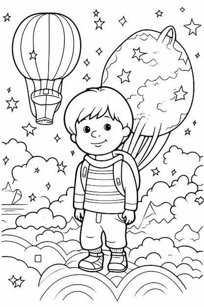 Dibujo para colorear de un niño con un globo aerostático en el cielo