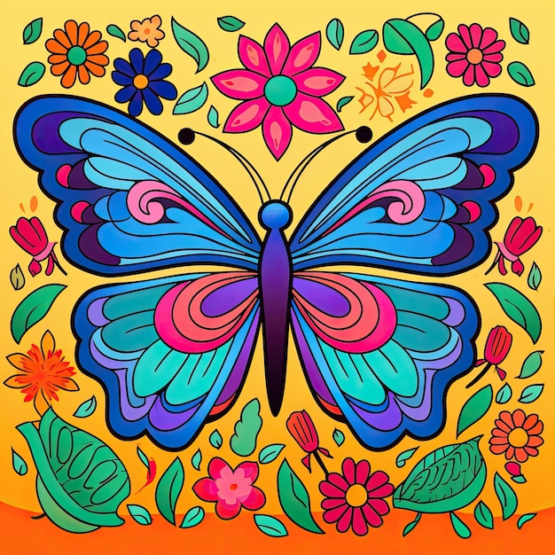 Foto dibujo para colorear para niños una mariposa vibrante revoloteando entre flores de colores generado por ai