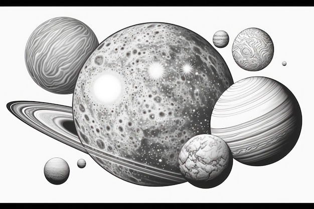 Dibujo para colorear Los planetas cósmicos piensan en líneas sin sombra en escala de grises.
