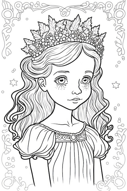 Dibujo para colorear princesa con corona líneas de pensamiento sin sombra