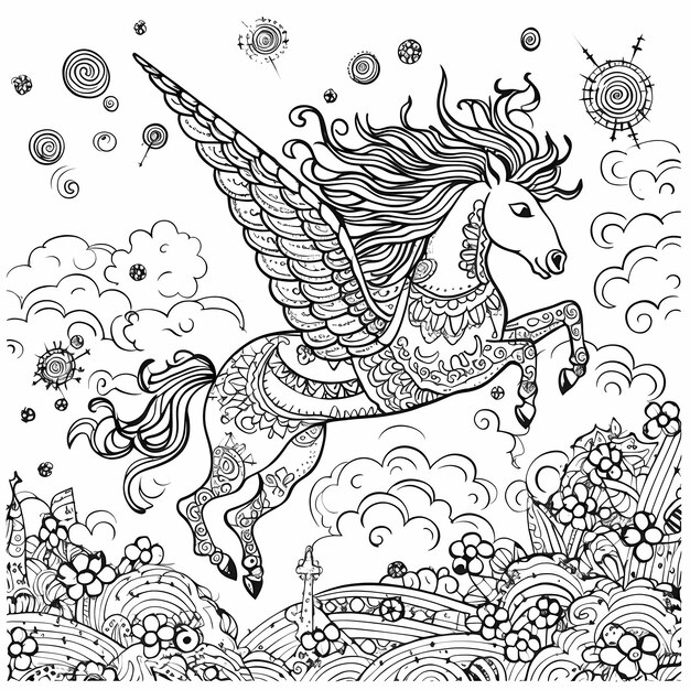 Foto dibujo para colorear de unicornio volador