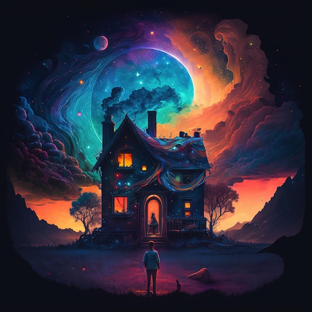 Un dibujo colorido de una casa con el universo al fondo.