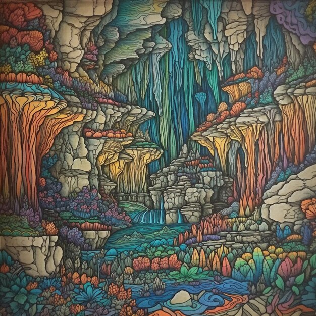 Un dibujo colorido de una cascada con las palabras "el río".