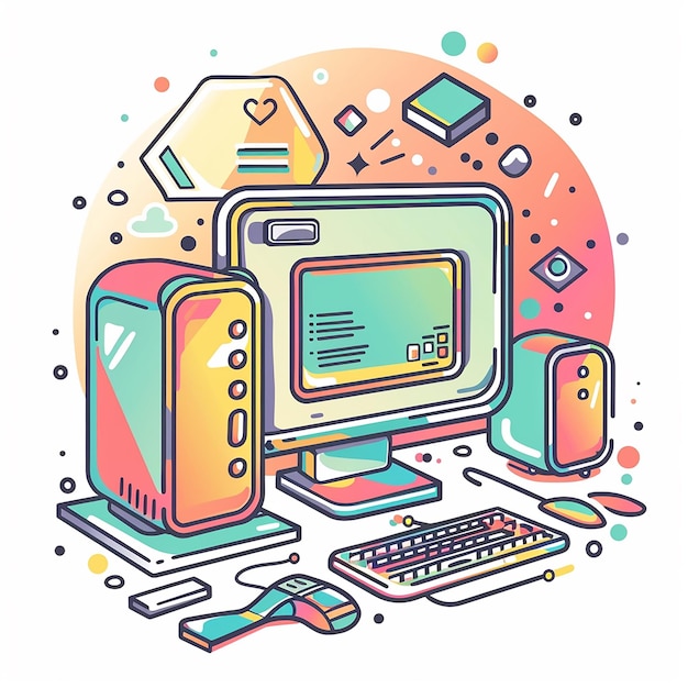 un dibujo colorido de una computadora con un fondo colorido con una imagen de un monitor de computadora y un teclado
