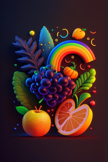 Foto un dibujo colorido de una fruta y un arco iris.