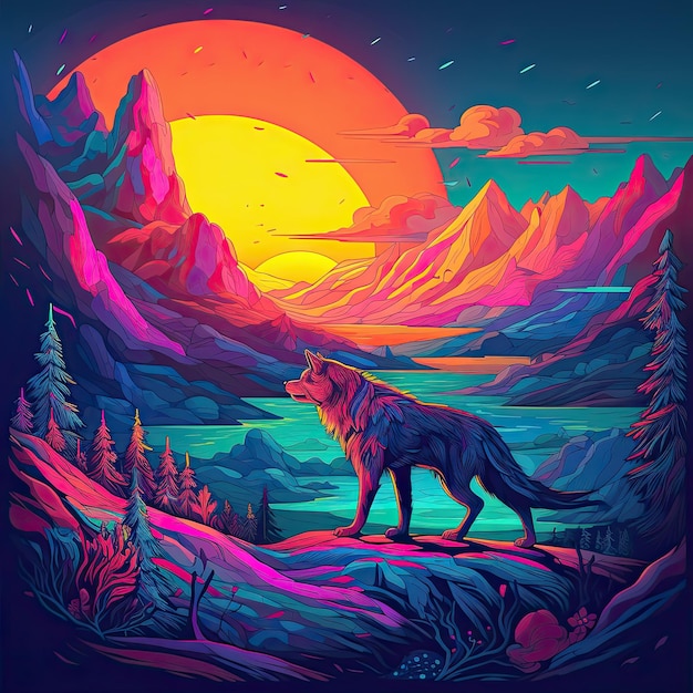 Dibujo colorido de un lobo aullando en una colina con la luna de fondo IA generativa