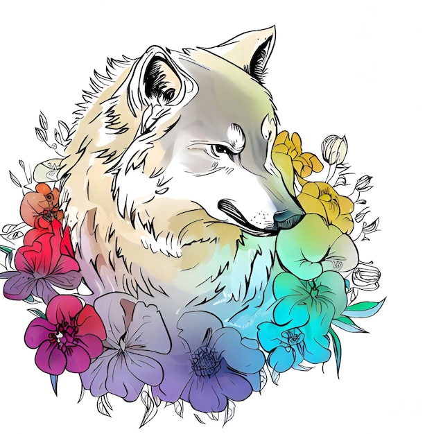 Un dibujo colorido de un lobo con flores y la palabra lobo en él.