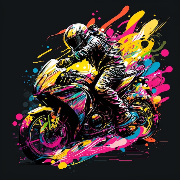 Un dibujo colorido de una motocicleta con un jinete encima.