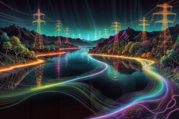 Un dibujo colorido de un río digital y líneas eléctricas