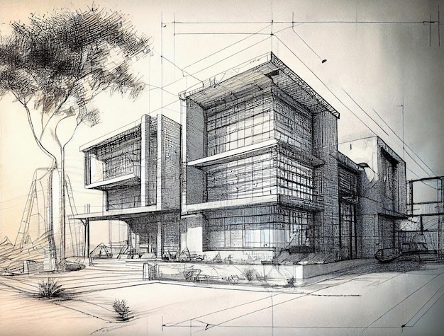 Dibujo conceptual a lápiz de un edificio moderno hecho con IA generativa