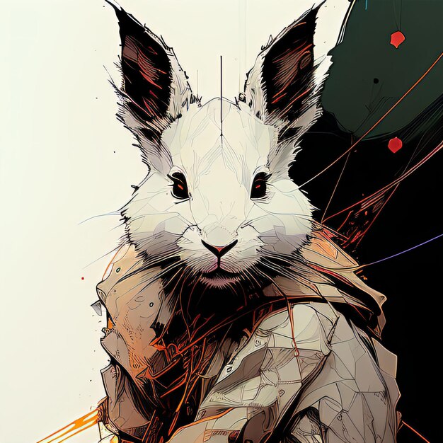 Un dibujo de un conejo con una chaqueta que dice "te amo".