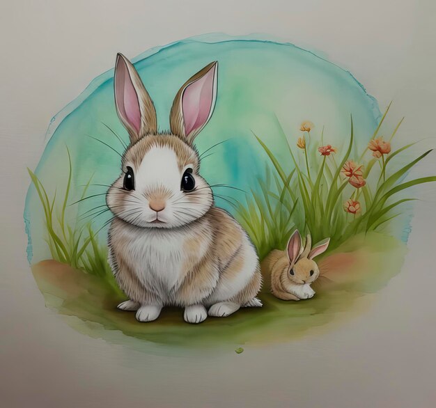 un dibujo de un conejo y un conejo en un campo