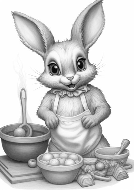 un dibujo de un conejo en un delantal de pie junto a un cuenco de comida generativa ai