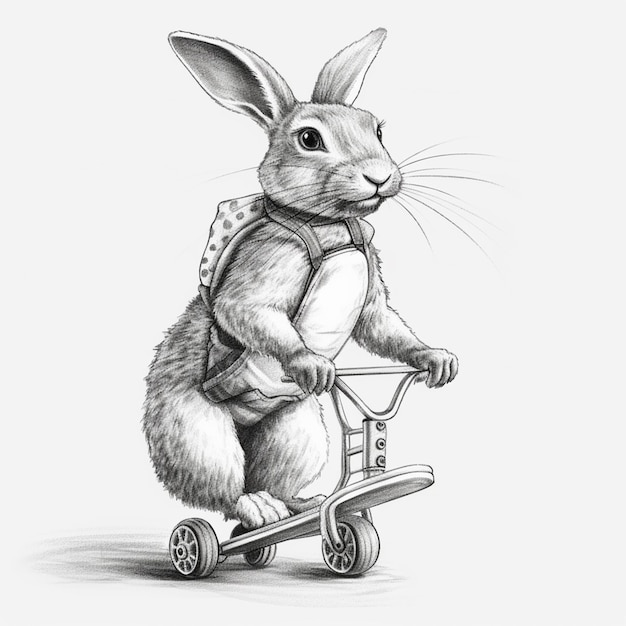 Foto dibujo de un conejo montando una patineta con una mochila en él ai generativo