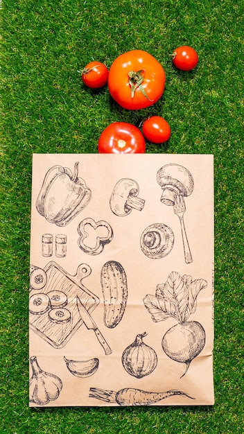 Un dibujo de un conjunto de verduras en un papel con un tomate en la hierba.